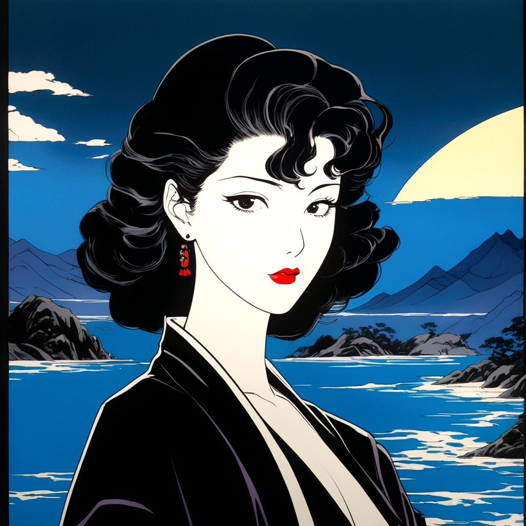 the first episode of anime ghosted island, japan, in the style of patrick nagel, shot on 70mm, noriyoshi ohrai, chiaroscuro portraits, qian xuan, beautiful women, light bronze and dark black