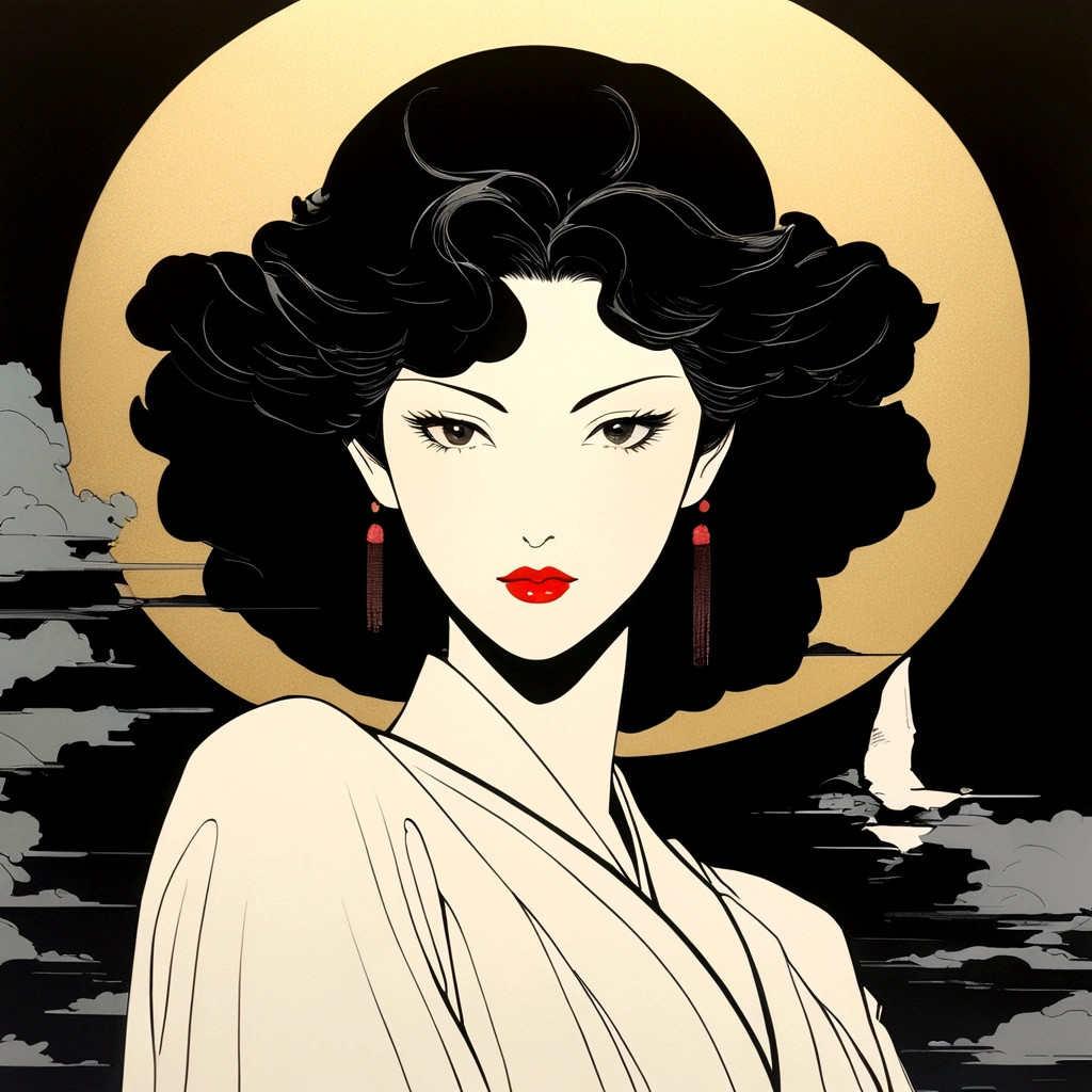 the first episode of anime ghosted island, japan, in the style of patrick nagel, shot on 70mm, noriyoshi ohrai, chiaroscuro portraits, qian xuan, beautiful women, light bronze and dark black