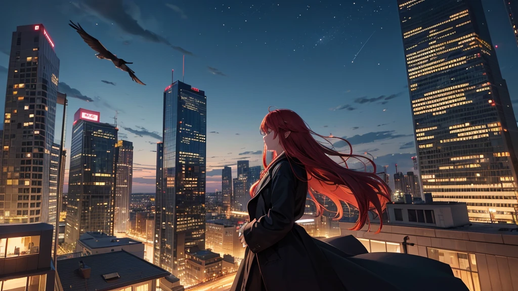 Create a detailed illustration of a vast urban landscape with numerous buildings, focusing on a nighttime city. In the distance, on the rooftop of one of the buildings, there should be a girl with very long red hair playing the piano. The cityscape features a mix of architectural styles, with tall skyscrapers and smaller buildings creating a dynamic skyline. The atmosphere is serene and slightly melancholic, with the city illuminated by soft lights from the buildings' windows and streetlights. The girl on a rooftop in the distance should be clearly visible, playing a grand piano under the glow of the city lights. A few birds can be seen flying in the sky. There are small parks and green spaces interspersed among the buildings, providing a touch of nature within the urban environment. The sky is filled with stars, adding to the tranquil atmosphere of the scene. The image should convey a moment of peace in the midst of a chaotic and difficult day.