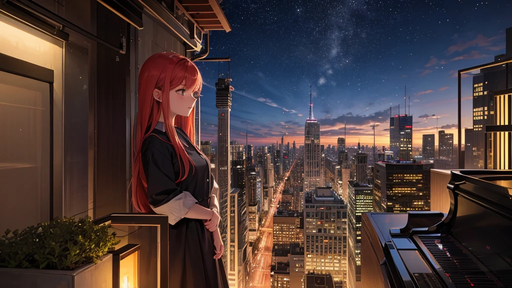 Create a detailed illustration of a vast urban landscape with numerous buildings, focusing on a nighttime city. In the distance, on the rooftop of one of the buildings, there should be a girl with very long red hair playing the piano. The cityscape features a mix of architectural styles, with tall skyscrapers and smaller buildings creating a dynamic skyline. The atmosphere is serene and slightly melancholic, with the city illuminated by soft lights from the buildings' windows and streetlights. The girl on a rooftop in the distance should be clearly visible, playing a grand piano under the glow of the city lights. A few birds can be seen flying in the sky. There are small parks and green spaces interspersed among the buildings, providing a touch of nature within the urban environment. The sky is filled with stars, adding to the tranquil atmosphere of the scene. The image should convey a moment of peace in the midst of a chaotic and difficult day.