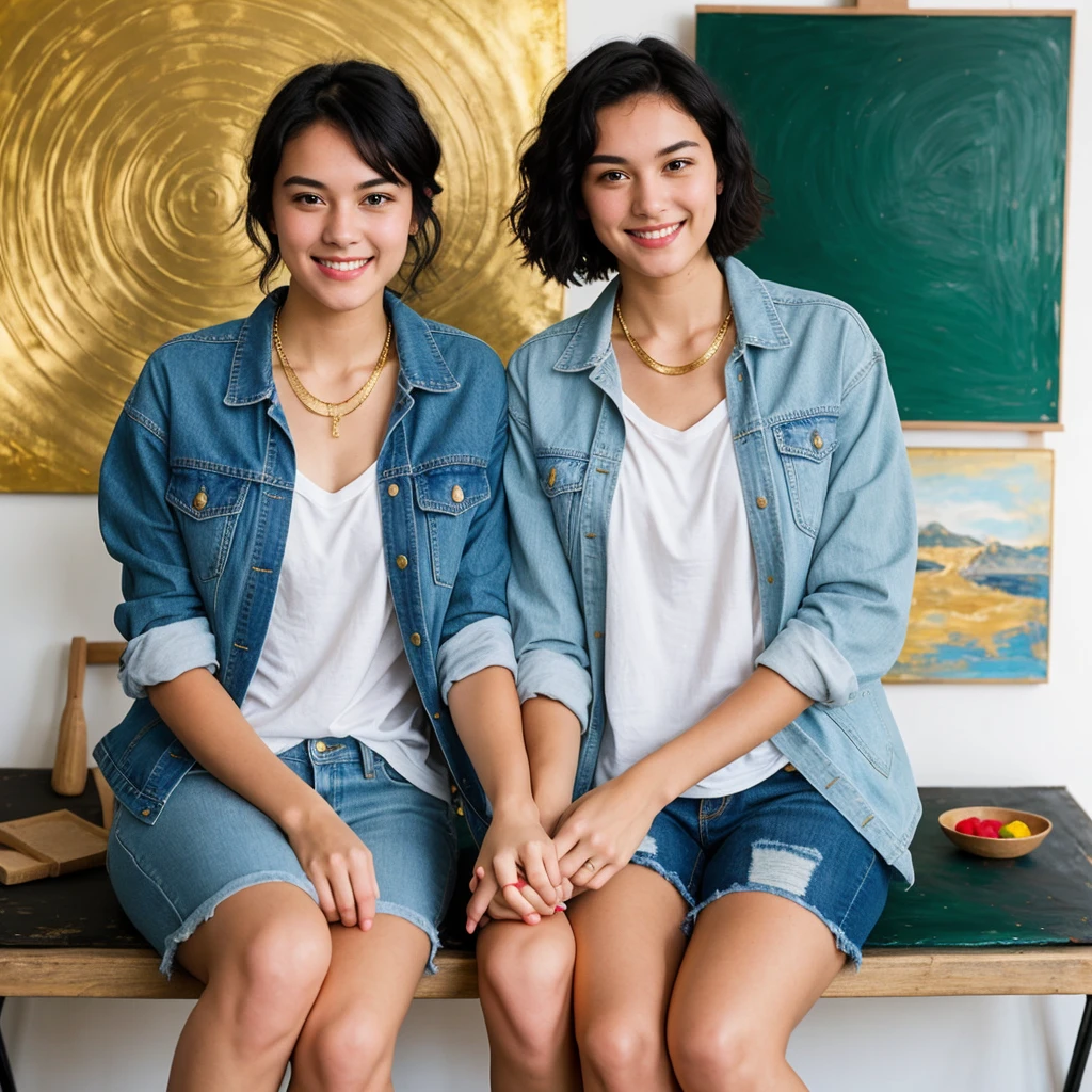 , oriental-like, 21 years, blue colored eyes, short black hair , beautiful face, wearing casual clothes, wearing a gold necklace with a gold pin , athletic body, Grinning , sitting on an artistic drawing board, holding hands with a boy, German, 21 years, bay leaves, green eyes in casual clothes with denim jacket, walking hand in hand with her in a drawing studio
