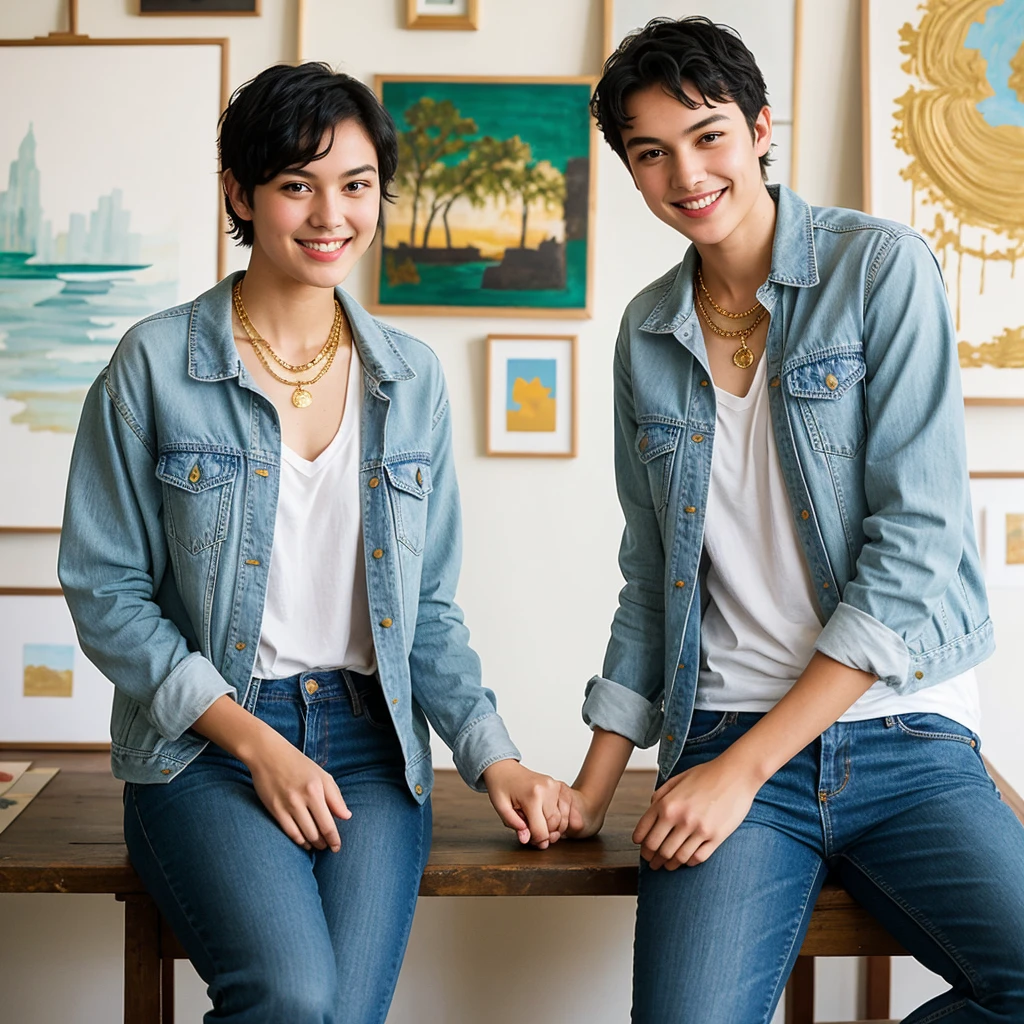 , oriental-like, 21 years, blue colored eyes, short black hair , beautiful face, wearing casual clothes, wearing a gold necklace with a gold pin , athletic body, Grinning , sitting on an artistic drawing board, holding hands with a boy, German, 21 years, bay leaves, green eyes in casual clothes with denim jacket, walking hand in hand with her in a drawing studio
