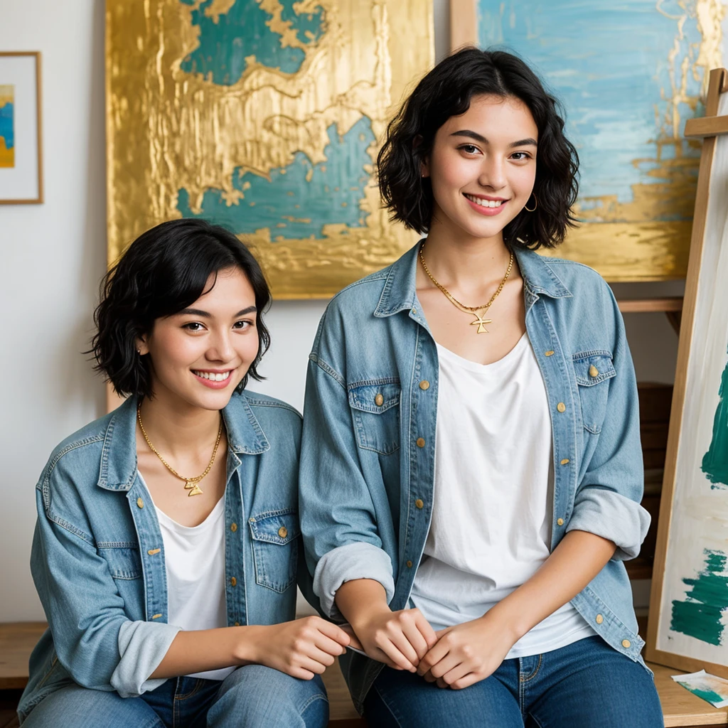 , oriental-like, 21 years, blue colored eyes, short black hair , beautiful face, wearing casual clothes, wearing a gold necklace with a gold pin , athletic body, Grinning , sitting on an artistic drawing board, holding hands with a boy, German, 21 years, bay leaves, green eyes in casual clothes with denim jacket, walking hand in hand with her in a drawing studio
