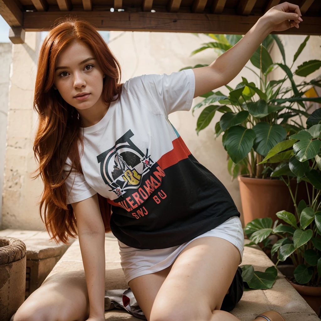 I want a hyper realistic image of a red-haired girl with a t-shirt from a Venezuelan University called the Universidad de Oriente, Also the girl will be in ro