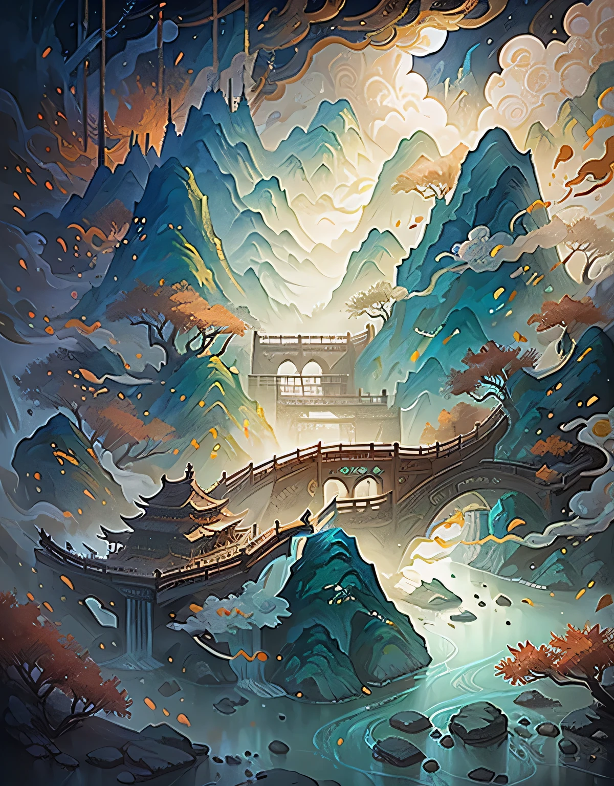 Chinese wind mountains, river, Auspicious Clouds, Exhibition Hall, Sunlight, masterpiece, Super Detail, Epic creation, Ultra HD, high quality, Extremely detailed, official art, Unified 8K wallpaper, Super Detail, 32k