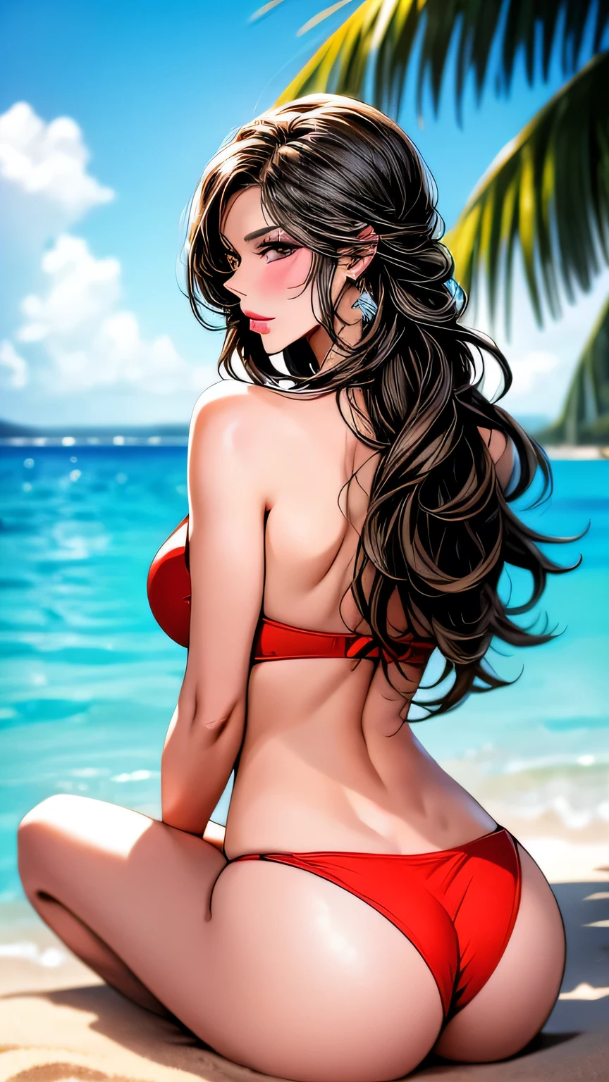 (Best lighting, Best Shadow, masterpiece, high quality), colorful, Vibrant, Summer mood, lots of bright colors, Beautiful woman in a red and white striped bikini set, Hair loss, Sit on the clear water and white sand, Bright blue sky. masterpiece, 最high quality, high quality, High resolution, View from behind、