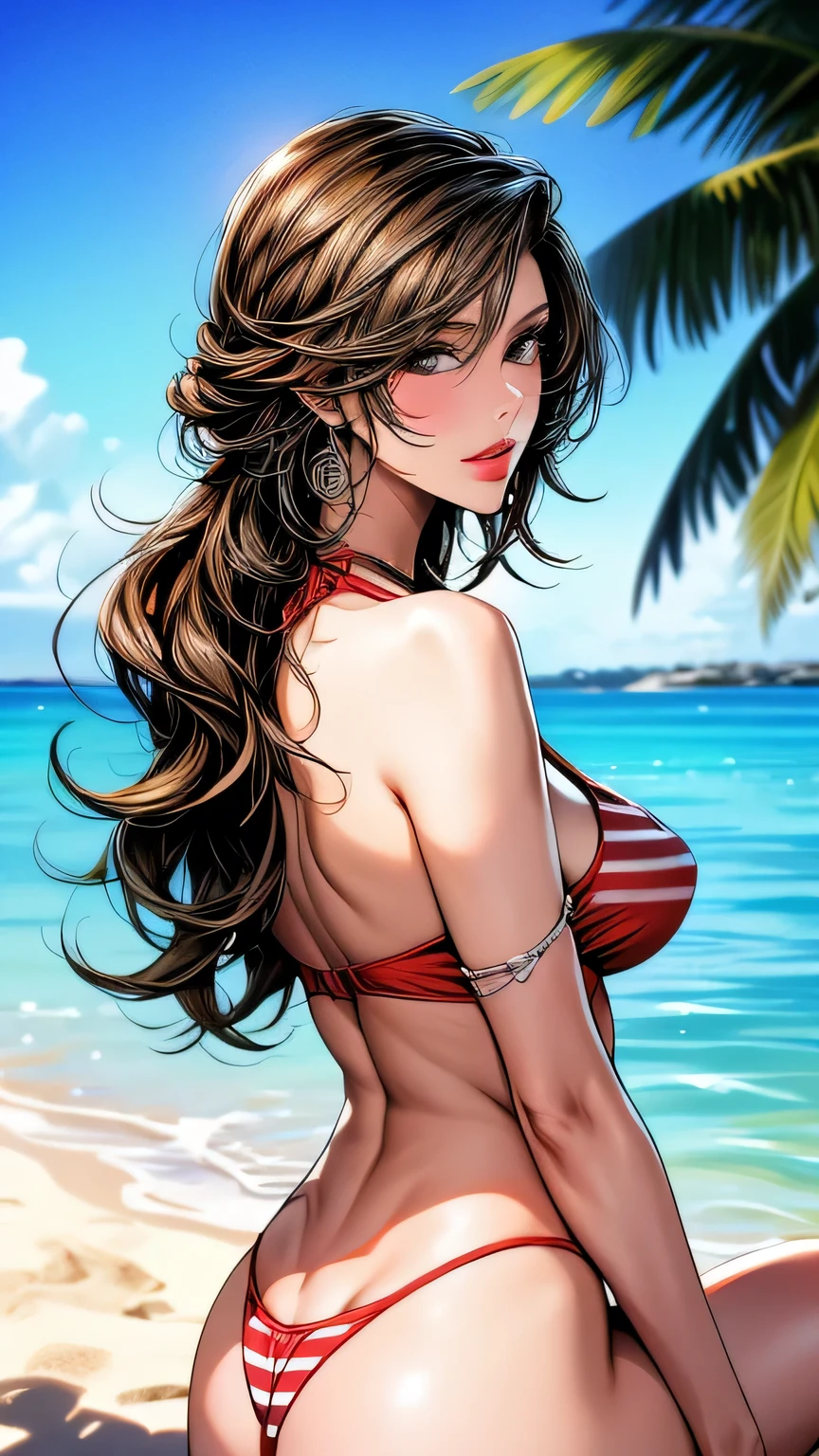 (Best lighting, Best Shadow, masterpiece, high quality), colorful, Vibrant, Summer mood, lots of bright colors, Beautiful woman in a red and white striped bikini set, Hair loss, Sit on the clear water and white sand, Bright blue sky. masterpiece, 最high quality, high quality, High resolution, View from behind、