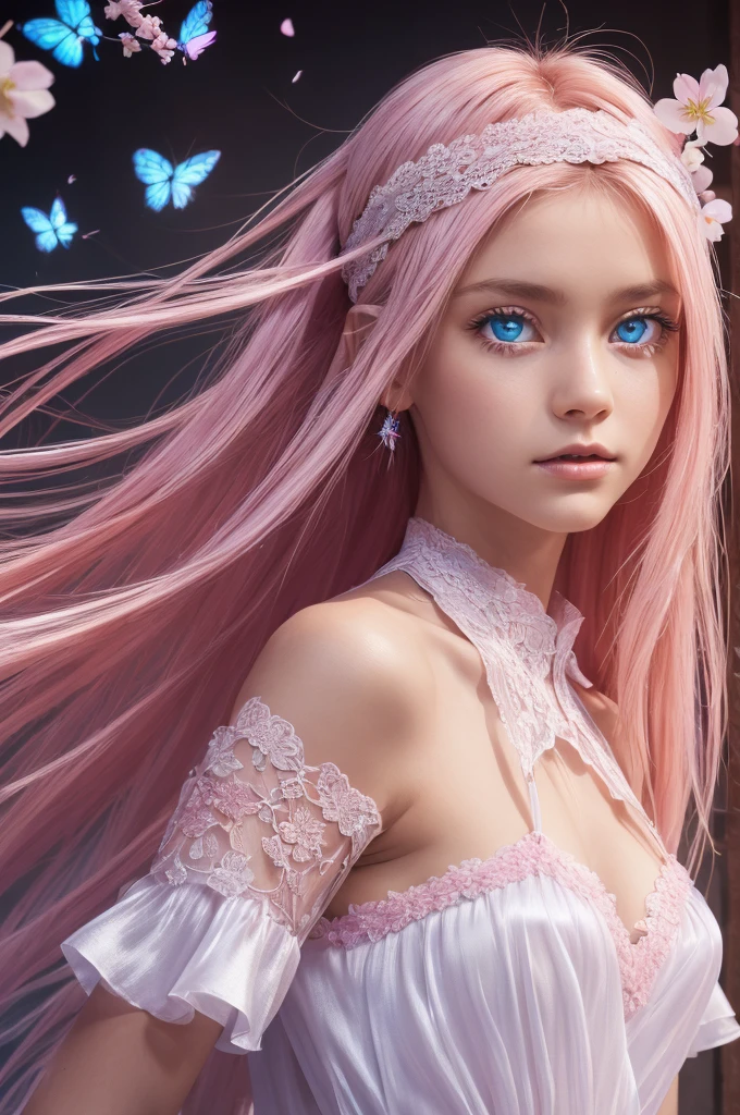 (CG Unity 8K wallpapers are extremely detailed) (Better quality) (better lighting) (extreamly delicate and beautiful) (Floating) (Beautiful) (Spring atmosphere) (1girl) (long pink hair), (Headband for hair), (Detailed and beautiful blue eyes), ((Very short white dress, pink lace underside), (lace), ((light transparent silk))), (cherry blossom petals), (Butterflies), (Depth of field), (surround light) Cinematic lighting, chromatic aberration, Sony FE GM, Textured skin, High Details, hight resolution, 8K