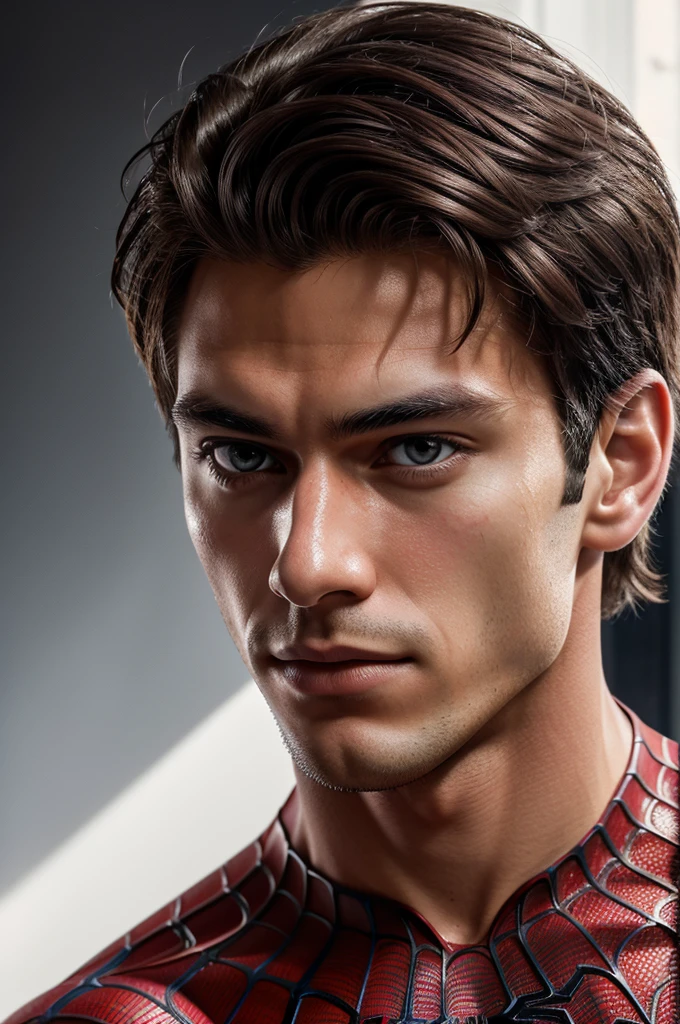 A photograph of spider man, no mask, 20 yo, handsome, detailed face, looking at camera, portrait, 8k uhd, high quality