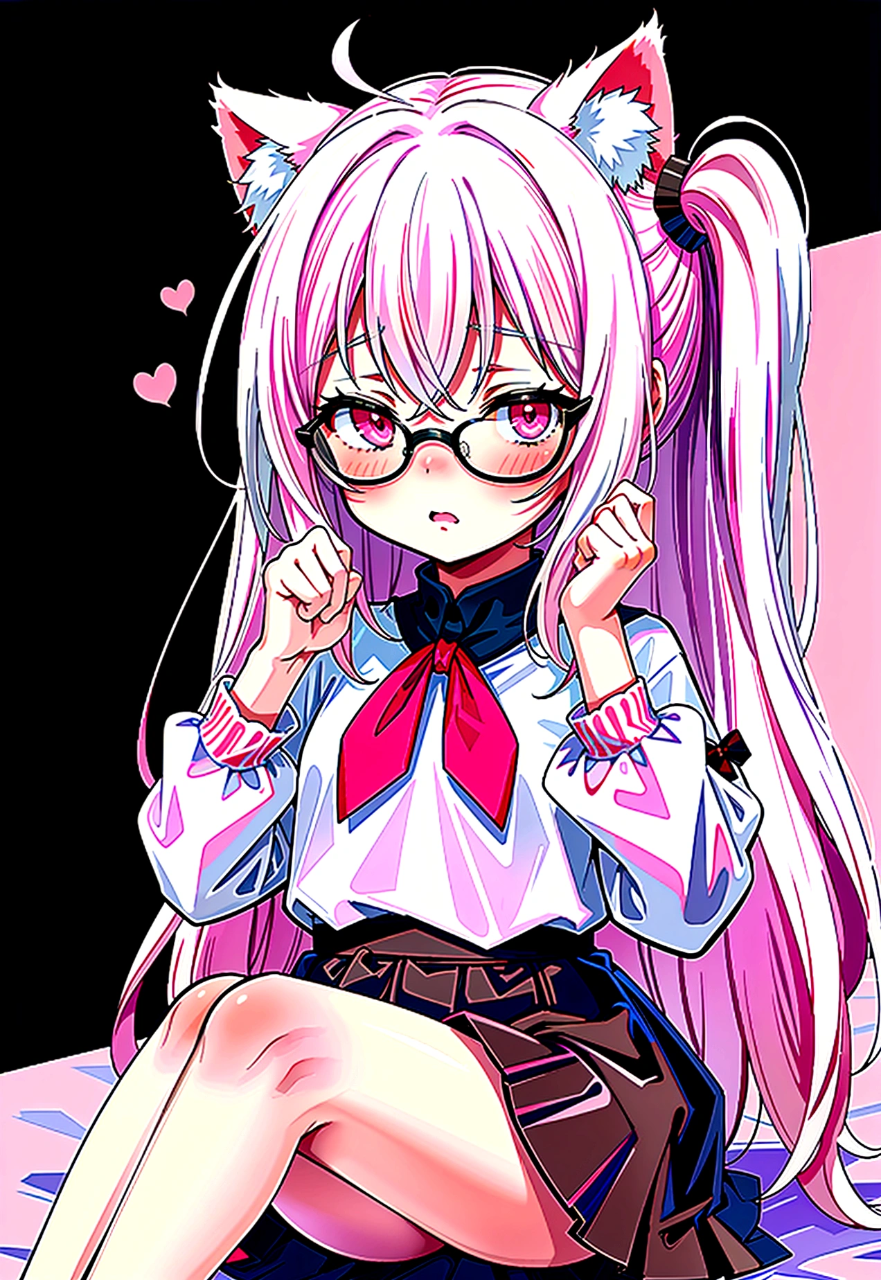 I have white pink hair, cat ears, A good, my face is super red, black glasses, pink heart eyes, a big pink sweatshirt, a black skirt, black stockings, White shoes, A cat&#39;s cola, a woman. Very shy in his bed on his knees, his bubbles grab you