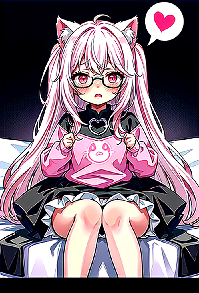 I have white pink hair, cat ears, A good, my face is super red, black glasses, pink heart eyes, a big pink sweatshirt, a black skirt, black stockings, White shoes, A cat&#39;s cola, a woman. Very shy in his bed on his knees, his bubbles grab you