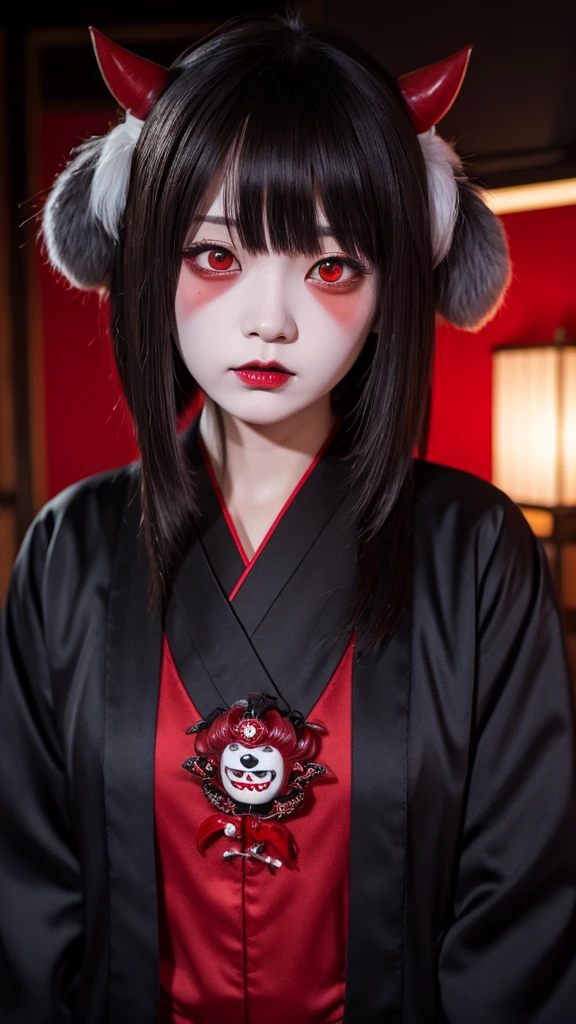 horror dokuro faced"traditional wafuku″monster, Japanese youkai monster, undead style, dark skin tone, red eyes and lips, 8k,REAL
