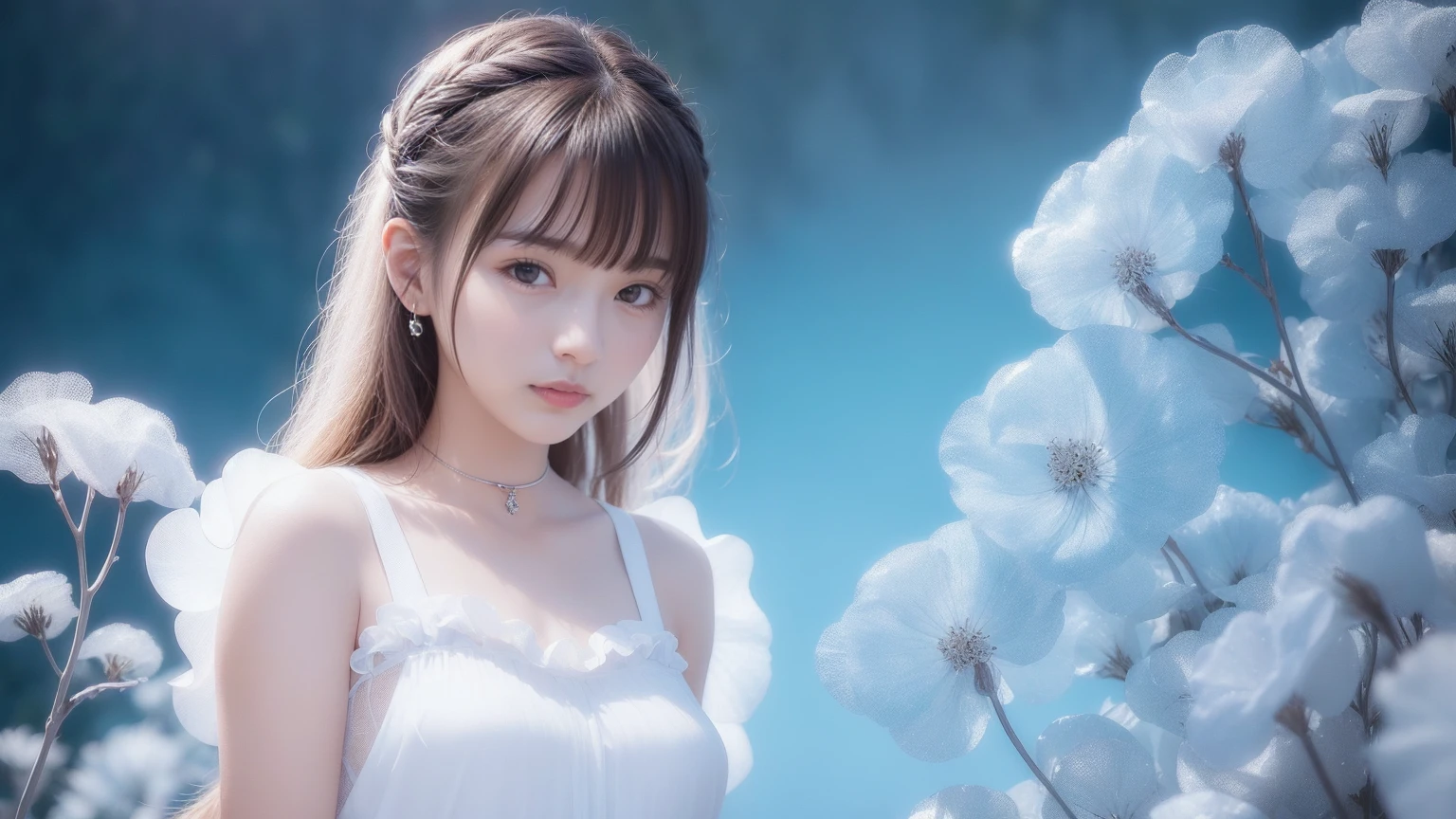 (((1 girl)))、（11 years old）、girl、Fluffy long hair、Glass Dress、plastic dress，See-through transparent clothing，Glass texture，The light shines，color is transparent，hair ornaments、Choker Necklace、gem、Cute face、Physically、Tyndall effect、Realistic、Shadow Studio、Edge Light、2-color illumination、（Skin with attention to detail：1.2）、8K, Ultra HD、Digital single-lens reflex camera、Soft Lighting、expensive、expensive品質、Volumetric Light、Voyeur、photograph、High resolution、4K、8K、The background is blurred，Highest quality、masterpiece、High resolution、
