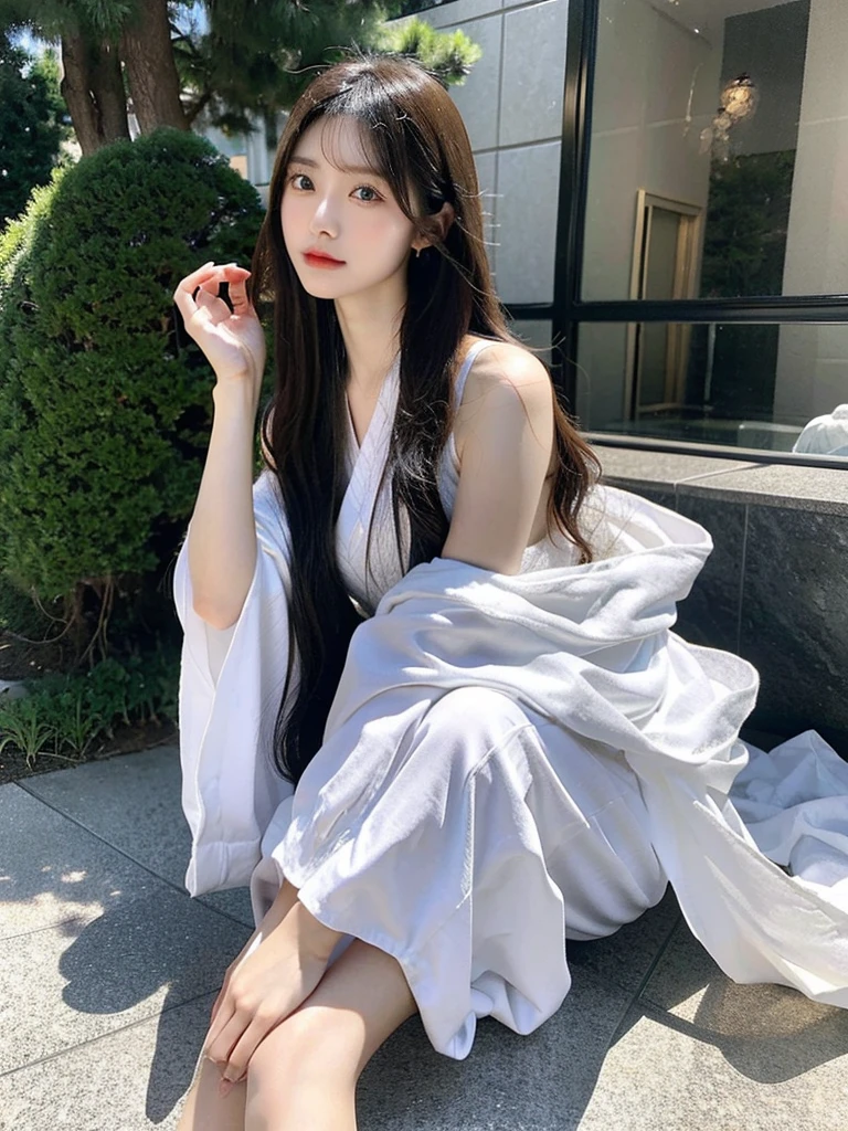 Shocking and high-quality real shots of Japanese beauties, with long flowing hair, sitting astride a large glass ball, the focus of the photo is on the girl's whole body, 50mm standard lens, low angle Shooting, full body shots with high quality texture, masterpieces.