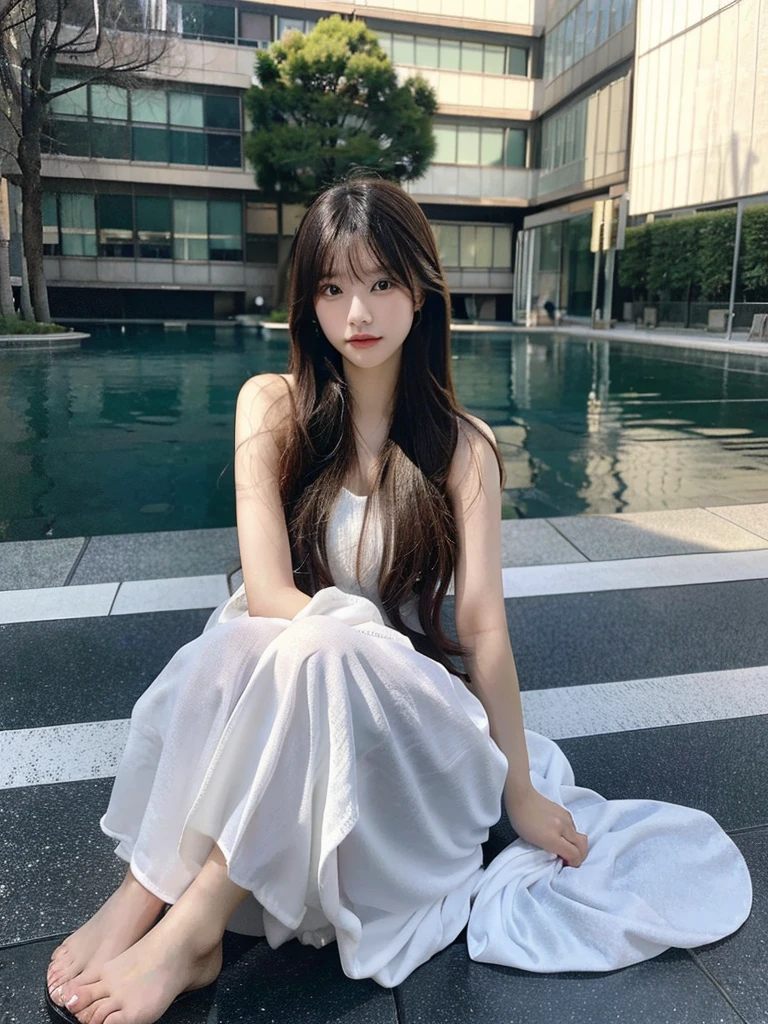 Shocking and high-quality real shots of Japanese beauties, with long flowing hair, sitting astride a large glass ball, the focus of the photo is on the girl's whole body, 50mm standard lens, low angle Shooting, full body shots with high quality texture, masterpieces.