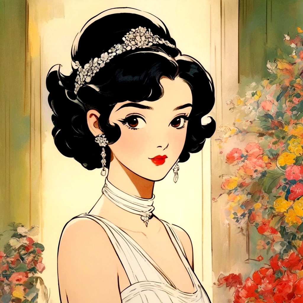 An elegant and cute girl，She has short black hair，Hojoji style，giggle，Ostentatious movements，black eyes，Metal earrings，White suspenders，Animation in the 1970s，High Cold Beauty Animation Gift，Strong close-up，depictions of aristocracy，Iconic pop culture reference，Ultra-high-definition images