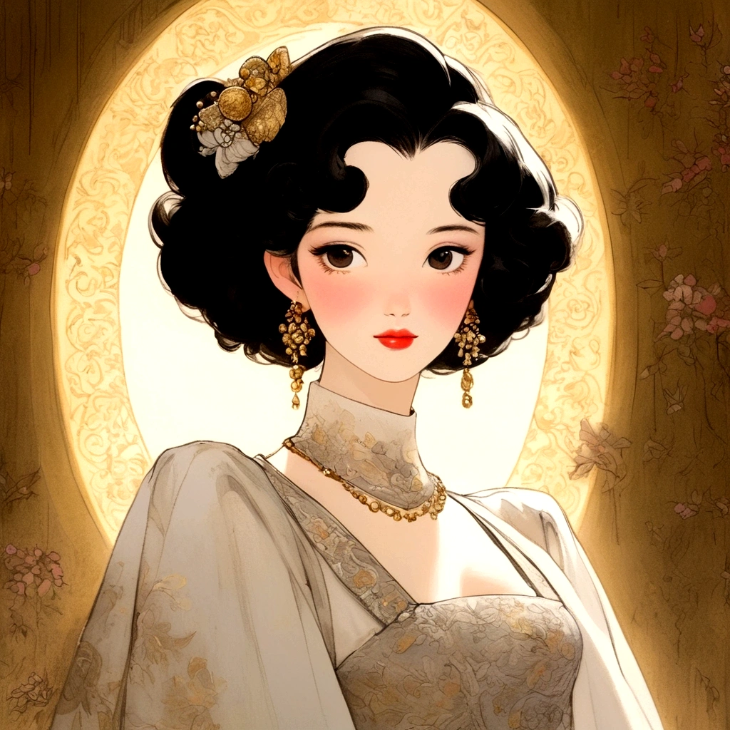 An elegant and cute girl,She has short black hair,Hojoji style,giggle,Ostentatious movements,black eyes,Metal earrings,White suspenders,Animation in the 1970s,High Cold Beauty Animation Gift,Strong close-up,depictions of aristocracy,Iconic pop culture reference,Ultra-high-definition images