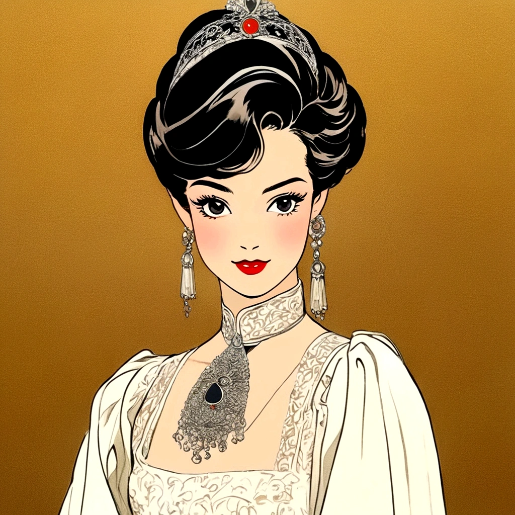 An elegant and cute girl,She has short black hair,Hojoji style,giggle,Ostentatious movements,black eyes,Metal earrings,White suspenders,Animation in the 1970s,High Cold Beauty Animation Gift,Strong close-up,depictions of aristocracy,Iconic pop culture reference,Ultra-high-definition images