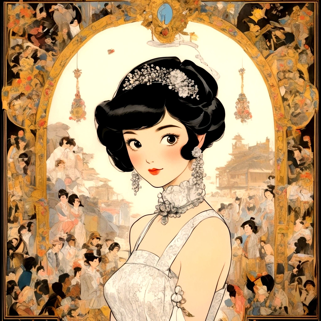 An elegant and cute girl,She has short black hair,Hojoji style,giggle,Ostentatious movements,black eyes,Metal earrings,White suspenders,Animation in the 1970s,High Cold Beauty Animation Gift,Strong close-up,depictions of aristocracy,Iconic pop culture reference,Ultra-high-definition images