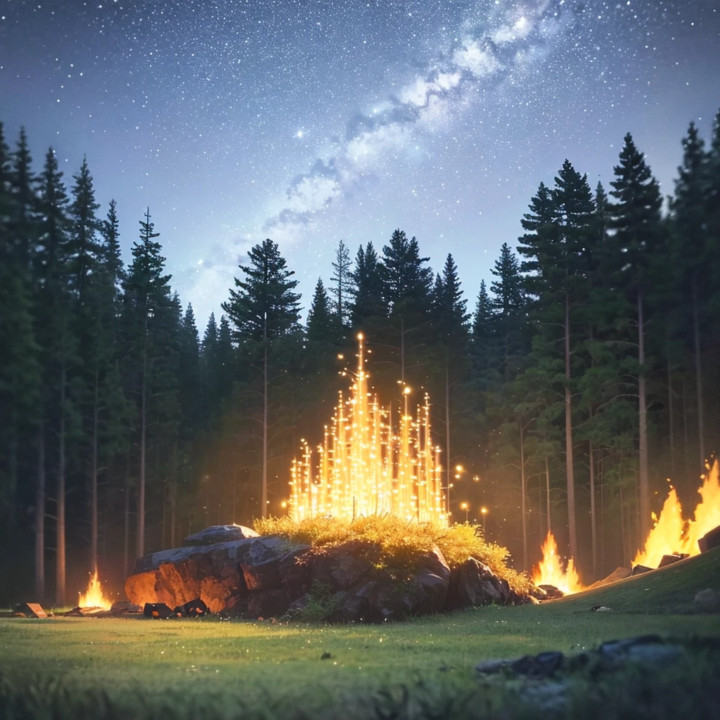 landscape, summer, night, forest, campfire in one place, unmanned, nobody, starry sky, HD detail, ultra detail, film, hyper realism, soft light, deep focus bokeh, ray tracing, hyper realism. , Art Station pixiv Gwise, Makoto Shinkai, Art Germ
