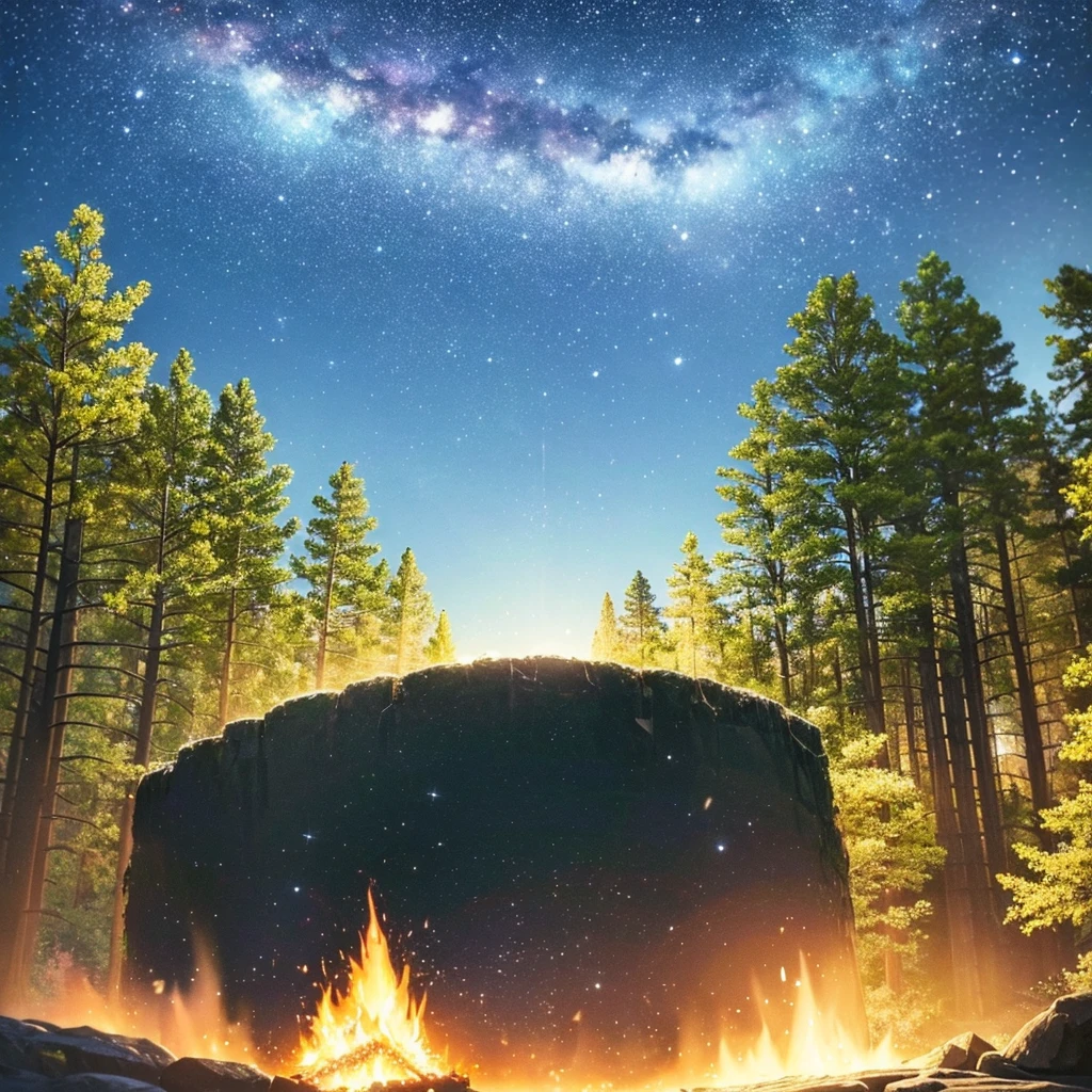 landscape, summer, night, forest, campfire in one place, unmanned, nobody, starry sky, HD detail, ultra detail, film, hyper realism, soft light, deep focus bokeh, ray tracing, hyper realism. , Art Station pixiv Gwise, Makoto Shinkai, Art Germ
