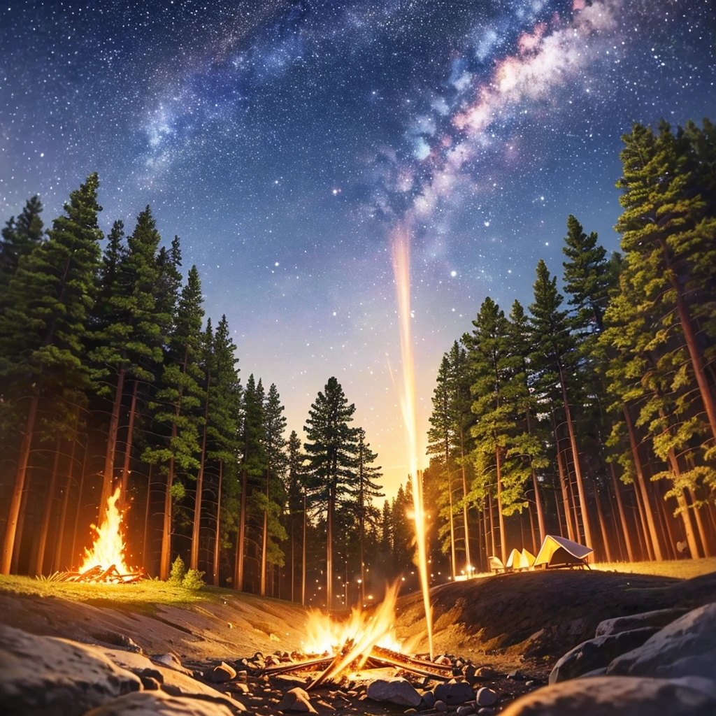 landscape, summer, night, forest, campfire in one place, unmanned, nobody, starry sky, HD detail, ultra detail, film, hyper realism, soft light, deep focus bokeh, ray tracing, hyper realism. , Art Station pixiv Gwise, Makoto Shinkai, Art Germ