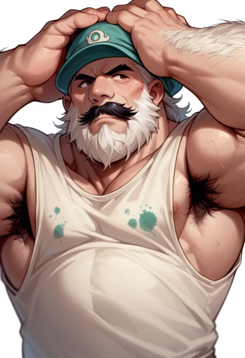 Dwarf Uncle Big white beard Black mustache A worn-out running shirt Hairy Put your hands on your head and put your hat back on Armpit hair Upper body painting Anime taste