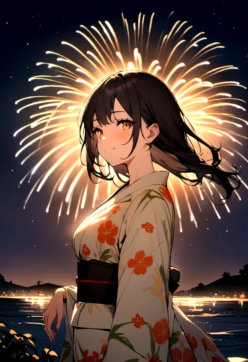 masterpiece, best quality, Summer Kimono, Flowering, firework, firefly,((Waves)),Smile, Night Sky, Black hair