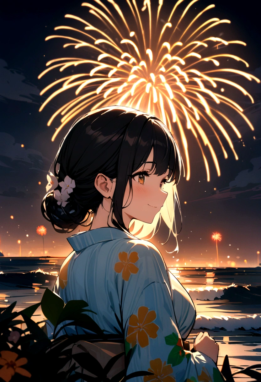 masterpiece, best quality, Summer Kimono, Flowering, firework, firefly，（（Waves）），Smile, Night Sky, Black hair