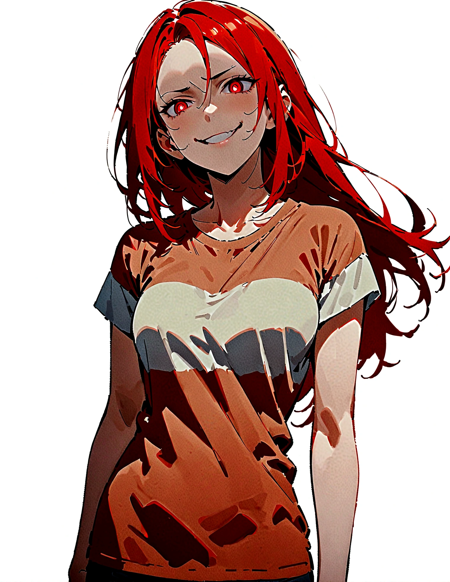 (Masterpiece:1.2, Best Quality), 1 woman, whole body, T-shirt, Casual, medium breasts,long red hair, minimal makeup,pale,Natural fabrics, closeup face, evil smile, bright red eyes circular pupils,8K high resolution, detailed lines, ((whole body)) female mature body 