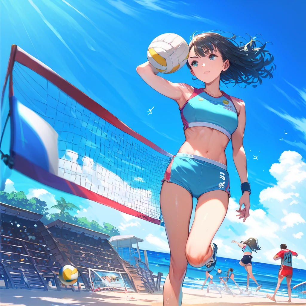 score_9, score_8_up, score_7_up, score_6_up, score_5_up, score_4_up, rating_safe, beach volleyball, match, players, dynamism, volleyball, volleyball court, blue sky, blue sea, white sand, beach, dazzling sunlight