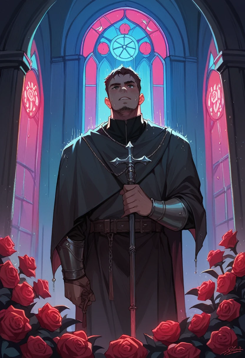 A warrior,Roses in hand,In the church,Mainly black and blue,red neon light,Night,rain