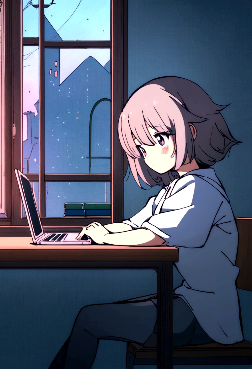Anime girl sitting at a desk with a laptop and a book, Lo-fi art style, Anime Aesthetics, Lo-fi Girl, Anime Background Art, Studio Greeble Makoto Shinkai, Lo-fi Girl aesthetic, Makoto Shinkai style, In the style of Makoto Shinkai, ( ( makoto shinkai ) ), Relaxing environment, Makoto Shinkai's art style, eyes look outward, It's raining outside