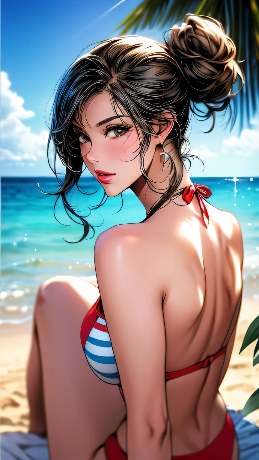 (Best lighting, Best Shadow, masterpiece, high quality), colorful, Vibrant, Summer mood, lots of bright colors, Beautiful woman in a red and white striped bikini set, Hair loss, Sit on the clear water and white sand, Bright blue sky. masterpiece, 最high quality, high quality, High resolution, (Upper body portrait)､View from behind､