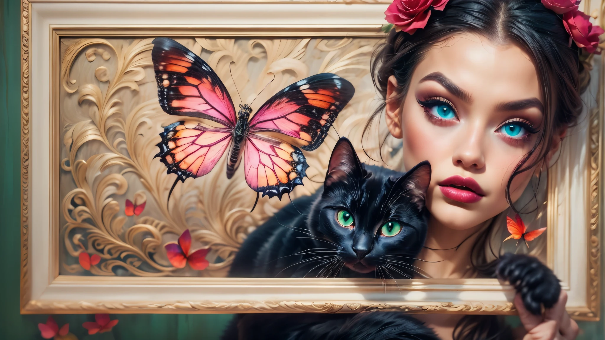 8k, solo, beautiful girl, black cat, makeup, blush, lipstick, red lips, portrait, realistic, green eyes, looking at viewer, painting, butterflies,