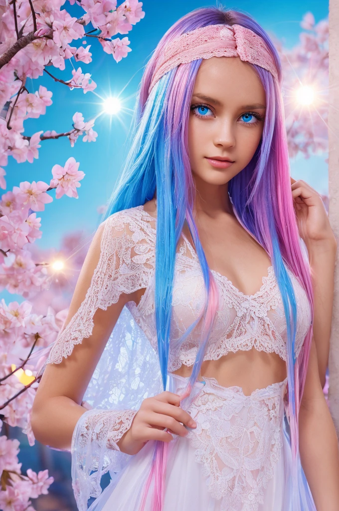 (CG Unity 8K wallpapers are extremely detailed) (Better quality) (better lighting) (extreamly delicate and beautiful) (Floating) (Beautiful) (Spring atmosphere) (1girl) (long pink hair), (Headband for hair), (Detailed and beautiful blue eyes), ((Very short white dress, pink lace underside), (lace), ((light transparent silk))), (cherry blossom petals), (Butterflies), (Depth of field), (surround light) Cinematic lighting, chromatic aberration, Sony FE GM, Textured skin, High Details, hight resolution, 8K