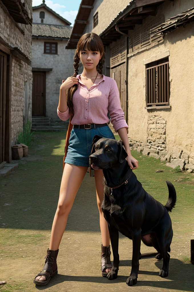 A girl with dog in village 3D