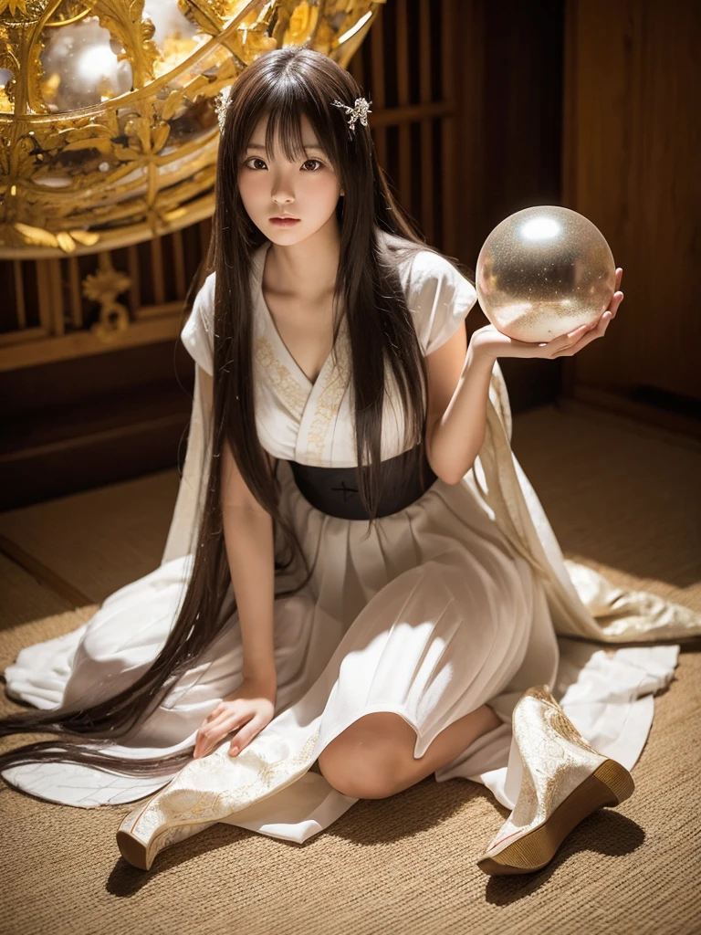 Shocking and high-quality real shots of Japanese beauties, with long flowing hair, sitting astride a large glass ball, the focus of the photo is on the girl's whole body, 50mm standard lens, low angle Shooting, full body shots with high quality texture, masterpieces.