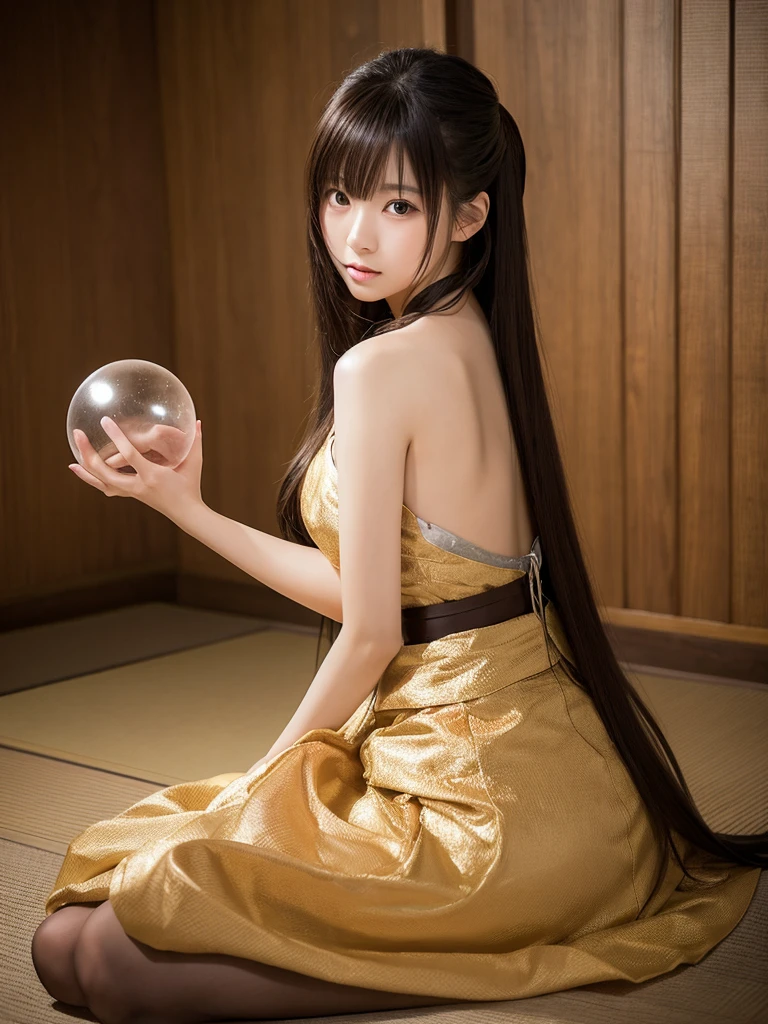 Shocking and high-quality real shots of Japanese beauties, with long flowing hair, sitting astride a large glass ball, the focus of the photo is on the girl's whole body, 50mm standard lens, low angle Shooting, full body shots with high quality texture, masterpieces.