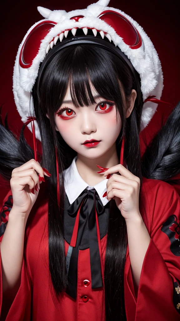 horror dokuro faced"traditional wafuku″monster, Japanese youkai monster, undead style, dark skin tone, red eyes and lips, 8k,REAL