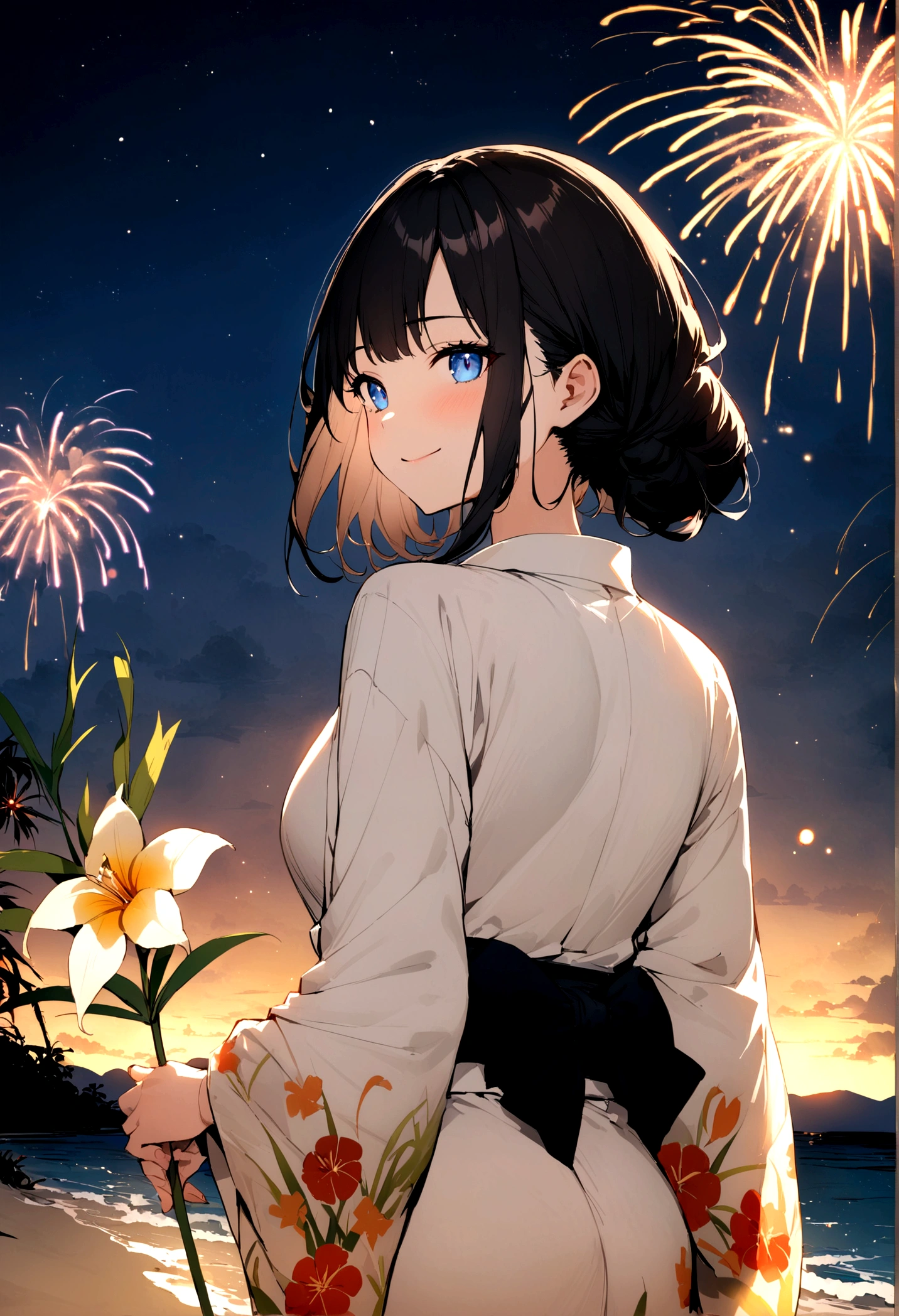 masterpiece, best quality, Summer Kimono,Light-colored kimono,White-headed flower,Flowering, Blue Eyes,firework, firefly,reed bush, Smile, Night Sky, Black hair,(Back),Beach