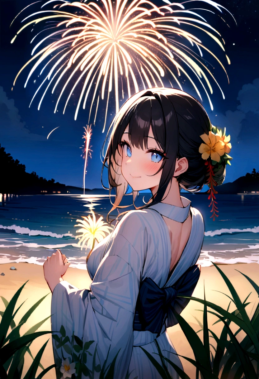 masterpiece, best quality, Summer Kimono,Light-colored kimono,White-headed flower,Flowering, Blue Eyes,firework, firefly,reed bush, Smile, Night Sky, Black hair,(Back),Beach