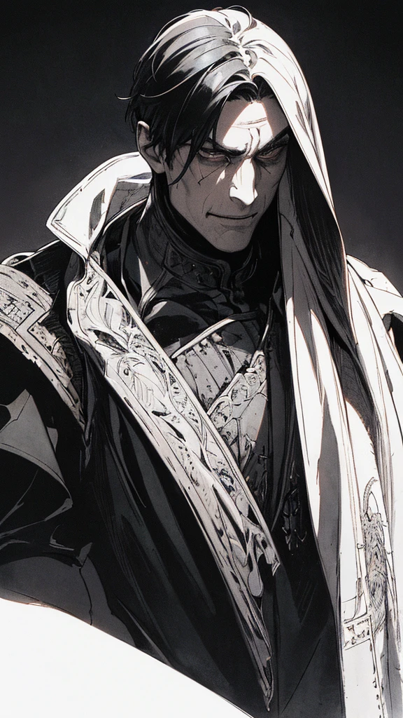 Best quality, (background_detail), high_contrast, detail_original_illustration, warrior, muscular, villain_face, armored, full_body, medieval, deep_wrinkles_brows, youth, man_in_20s, dark_stitch_landscape, (dramatic_lighting:1. 25), (shaded_background:1.2), black_hair(black_short_hair :1.1 ), Large figure, Delicate face, Evil smile, Sharp eyes, Black background, (Black background:1.5), Beautiful line drawing, Black and white