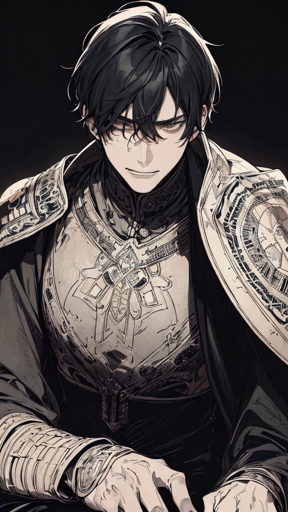 Best quality, (background_detail), high_contrast, detail_original_illustration, warrior, muscular, villain face, armored, full_body, medieval, crease between eyes, young man, man in 20s, dark_stitch_landscape, (dramatic_lighting:1. 25), (shaded_background:1.2), black_hair, (short black hair:) 1.1 ), Large figure, Delicate face, Evil smile, Sharp eyes, Black background, (Black background:1.5), Beautiful line drawing, Black and white