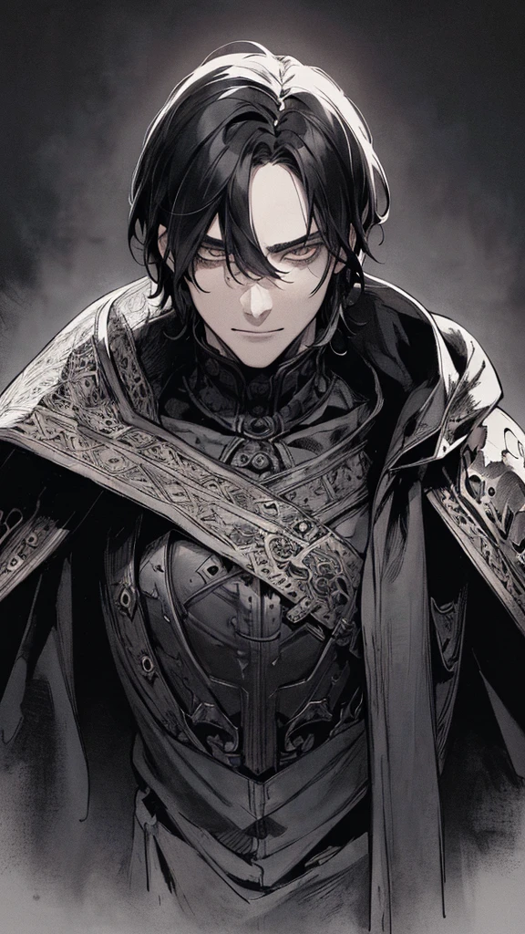 Best quality, (background_detail), high_contrast, detail_original_illustration, warrior, muscular, villain face, armored, full_body, medieval, crease between eyes, young man, man in 20s, dark_stitch_landscape, (dramatic_lighting:1. 25), (shaded_background:1.2), black_hair, (short black hair:) 1.1 ), Large figure, Delicate face, Evil smile, Sharp eyes, Black background, (Black background:1.5), Beautiful line drawing, Black and white