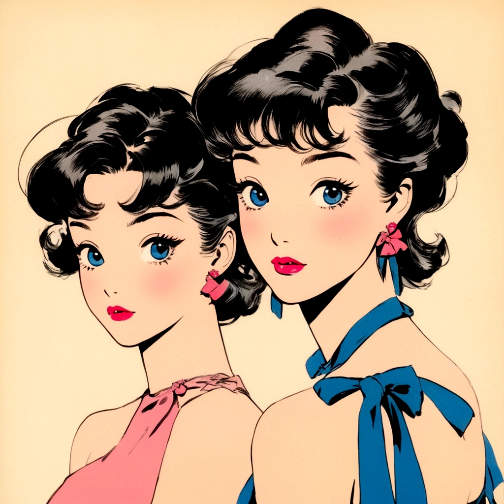 A retro girl（Cute:1.3 points）,（Eighties:1.4 points）,（Retro Hong Kong style:1.3 points），Hojoji style，Vintage pictorial，Showa manga，1990s animation style，Vintage jewelry，Black short hair，earrings，necklace，Blue Eyes，Bow，Bust，clavicle，Pink lips，Off-shoulder tops，黑色necklace，Bangs，Simple background，（Gray tone：1.2）