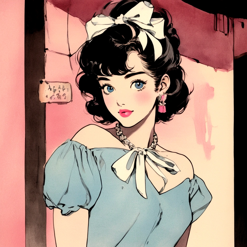 A retro girl(Cute:1.3 points),(Eighties:1.4 points),(Retro Hong Kong style:1.3 points),Hojoji style,Vintage pictorial,Showa manga,1990s animation style,Vintage jewelry,Black short hair,earrings,necklace,Blue Eyes,Bow,Bust,clavicle,Pink lips,Off-shoulder tops,黑色necklace,Bangs,Simple background,(Gray tone:1.2)