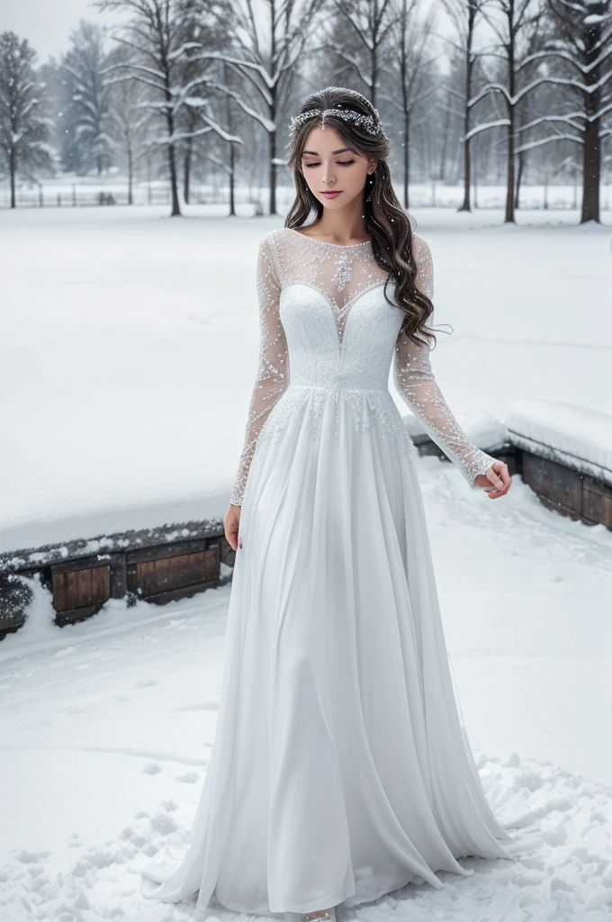 An elegant, beautiful lady stood gracefully on the snow-covered ground, her long, flowing dress contrasting strikingly against the white landscape. Her delicate features and serene expression exuded a timeless charm, enhanced by the gentle snowfall around her. The snowflakes danced in the air, creating a magical aura that framed her like a scene from a winter fairy tale. As she gazed into the distance, the world seemed to pause, captivated by her ethereal beauty.