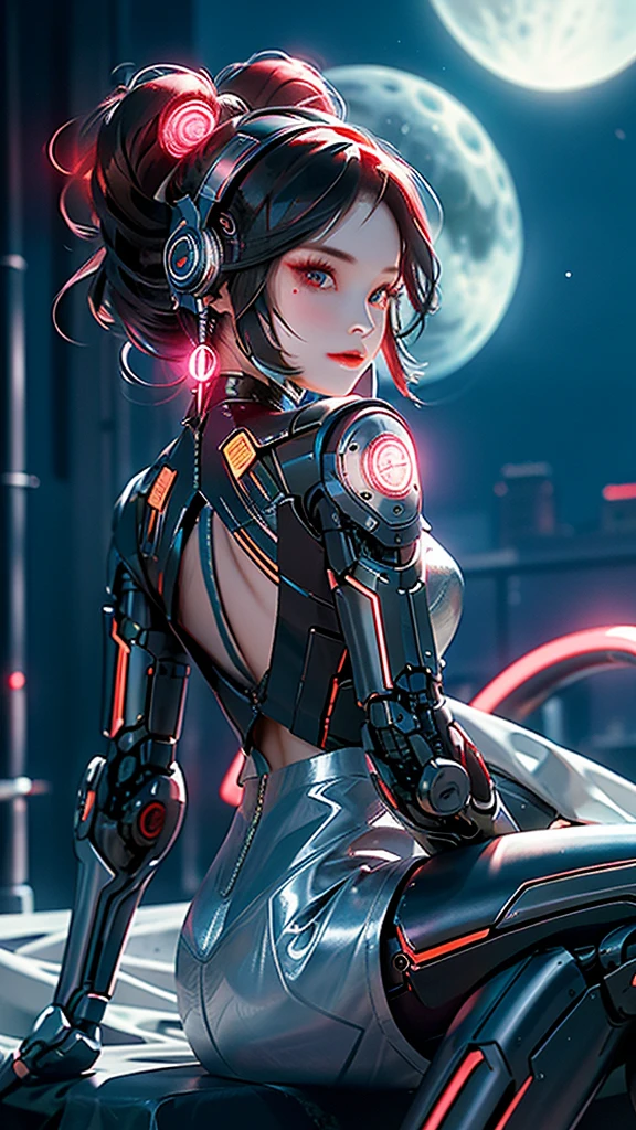 1 girl, Chinese_clothes, metallic black titanium and pink, cyberhan, cheongsam, cyberpunk city, dynamic pose, detailed luminescent headphones, luminous hair accessories, long hair, luminous earrings, glowing necklace, cyberpunk, high-tech city, full of mechanical and futuristic elements, futuristic, technology, glowing neon, pink, pink light, sexy skirt, translucent black cape, laser light, digital background urban sky, big moon, with vehicle, best quality, masterpiece, 8K, Character edge light, super high detail, high quality, the most beautiful woman in human beings, smile, face facing front and left and right symmetry, ear decoration, long antenna glow, beautiful pupils, light effects, visual data, silver-red-orange hair dyed hair, ultra-detailed face texture, happy, weapon system, crowded street passers-by, mecha style, overhead luminous antenna, back jet, girl sitting