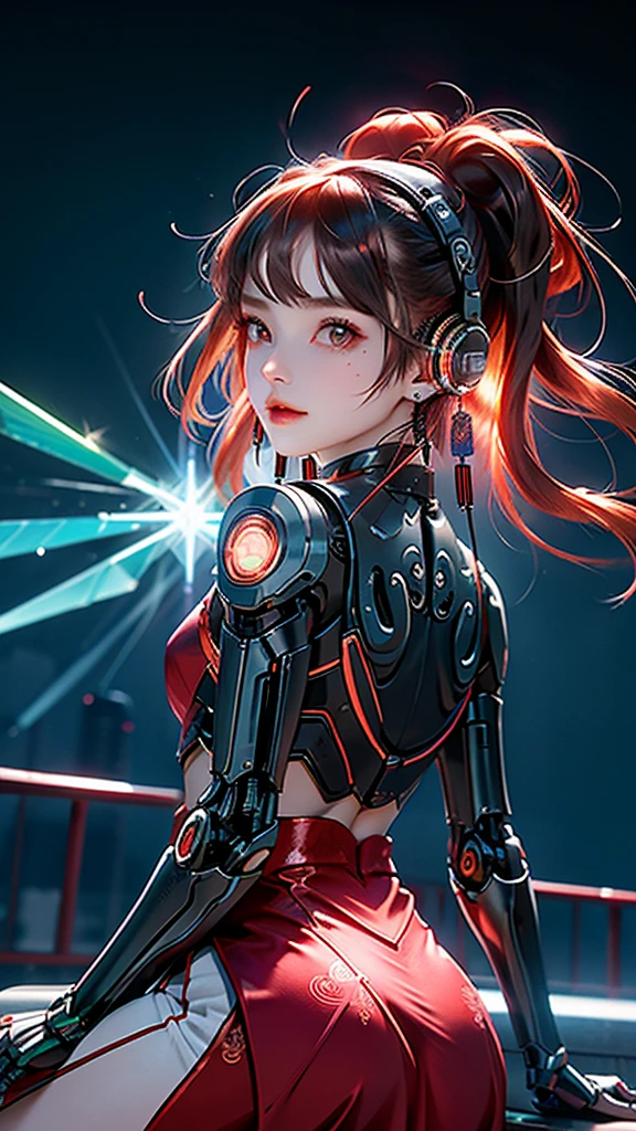 1 girl, Japanese, metallic black titanium and pink, cyberhan, China dress, cyber punk city, dynamic pose, detailed luminescent headphones, luminous hair accessories, long hair, glowing earrings, glowing necklace, cyber punk, high tech city, full of mechanical and futuristic elements, futuristic, technology, shining neon, pink, pink light, sexy skirt, translucent black cape, laser lights, digital background urban sky, big moon, with vehicle, 最high quality, masterpiece, 8K, character edge light, Ultra high definition, high quality, The most beautiful women of mankind, smile, The face is facing forward.、It is symmetrical, earrings, long antenna glow, Beautiful pupils, light effect, visual data, silver-red-orange hair dyed hair, Super detailed facial texture, Happy, weapon system, crowded street passers-by, Mecha style, Overhead light-emitting antenna, Backjet, girl sitting